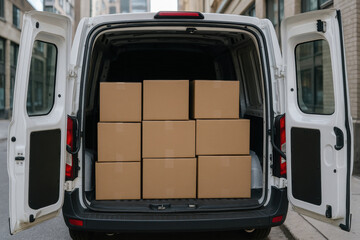 Delivery van loaded with cardboard boxes parked on an urban street, rear doors open for efficient shipping and cargo transport