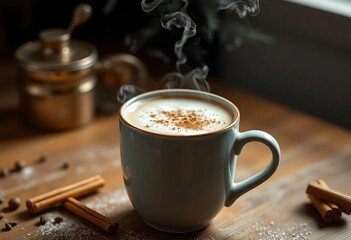 Fototapeta premium Steaming mug of coffee with frothed milk and sprinkled cinnamon, morning, texture