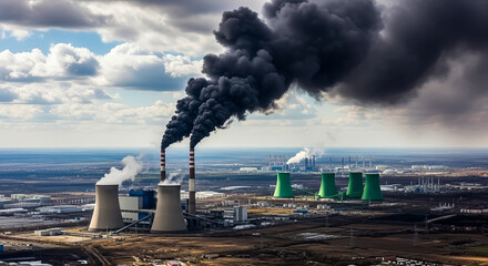 Aerial View of Power Plant with Dark Smoke Pollution and Cooling Towers air pollution and clean energy comparison