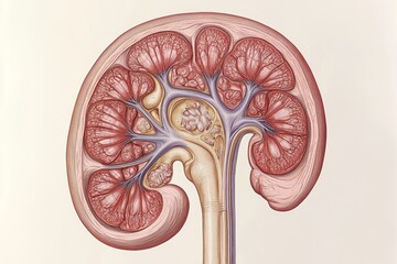 Detailed cross-section illustration of a human kidney, medical diagram, anatomical artwork, renal system.