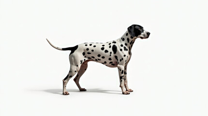  A spotted Dalmatian dog standing alertly on a white studio background. Its coat is bright white with bold black spots distributed across its muscular body