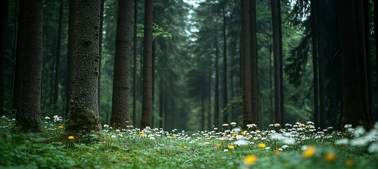 A tranquil forest clearing with wildflowers and tall trees 
