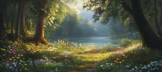 A tranquil forest clearing with wildflowers and tall trees 