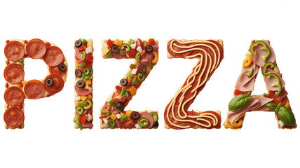 Delicious Pizza Ingredients Arranged to Spell Pizza Word