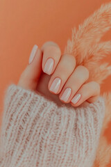 Softness and natural connection: Hand with delicate nude nails holding a dried plant branch against a monochromatic orange background. Ideal for themes of well-being, nature, simplicity and self-care 