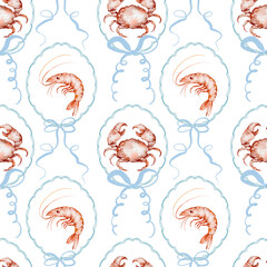Hand-drawn watercolor crab seamless pattern. Includes lobster, crawfish, and other marine crustaceans. Ideal for fabric, seafood packaging, coastal and nautical design.
