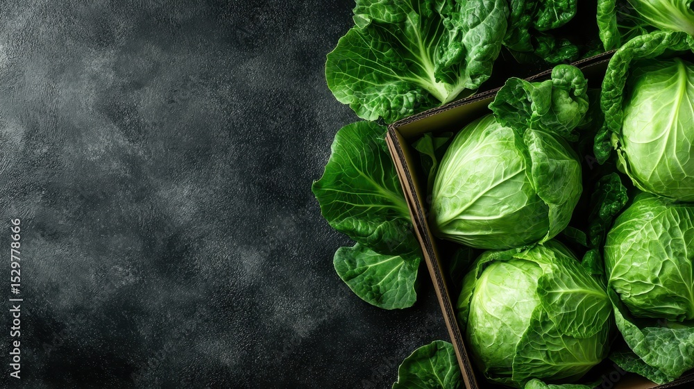 Poster this image features several fresh green cabbages packed neatly in a box, set against a dark backgrou