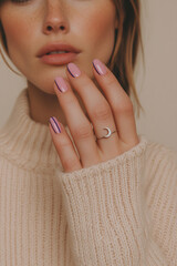 Natural beauty with a mystical twist: Close-up of a woman with light brown hair and freckles, showing off a delicate lavender manicure with stripes and a crescent moon ring. Ideal for wellness, beauty