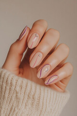 Elegance with an artistic touch: Hands with long nude-toned nails adorned with abstract lines in purple and pink, and delicate moon-shaped and crystal appliqués. Ideal for beauty themes, modern nail a
