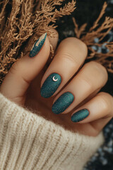 Textured, nocturnal elegance: Hands with nails in a deep shade of matte teal, with one nail glossy and the other adorned with a delicate crescent-shaped applique. Ideal for themes of beauty, autumn, s