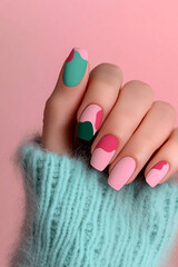 Modern and artistic manicure: Hand with oval-shaped nails, featuring an abstract design with blocks of color in teal, light pink and burgundy, on a pink background. Ideal for beauty themes, creativity