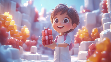 Happy boy holding juice box in fantastical candy land