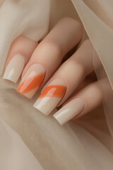 Modern elegance with a pop of color: Square-shaped nails featuring a minimalist design with a nude base and a diagonal orange line. Ideal for beauty themes, nail art trends and understated sophisticat