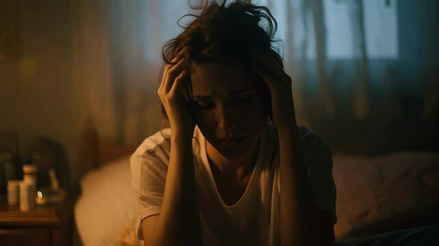 A young woman holds her head in pain, sitting on a bed at night with medicine bottles beside her on the nightstand.
