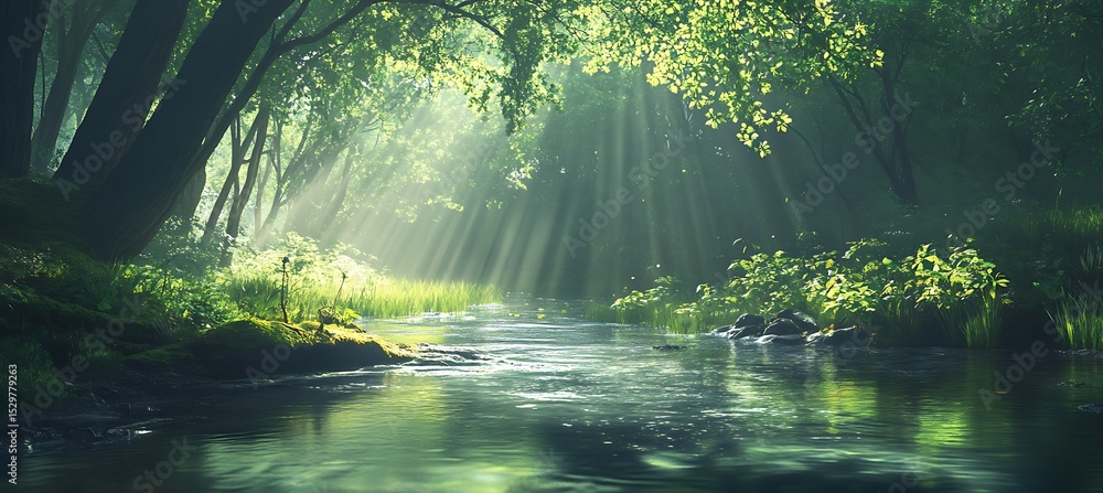 Poster a tranquil forest stream with sunlight filtering through the trees