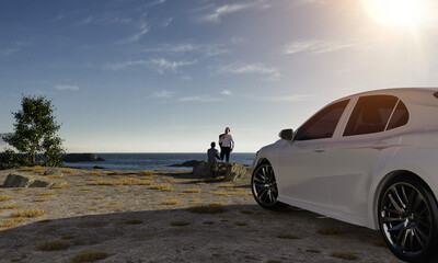 White car by seaside with people at sunset