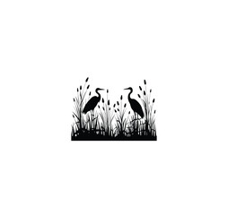 A foggy marshland with cattails and herons silhouette on white background