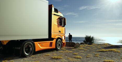 Orange truck near seaside with man looking at sunset