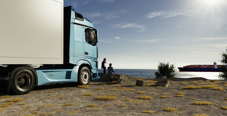 Blue truck near coast with cargo ship and people at sunset