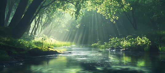 A tranquil forest stream with sunlight filtering through the trees