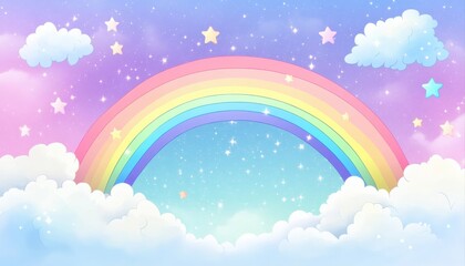 Holographic Fantasy Rainbow Background Featuring Clouds and Stars