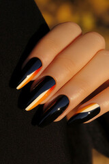 Bold elegance: Hands with long, pointed nails, painted in deep black with vibrant geometric details in orange, red and white. Ideal for beauty themes, evening fashion and nail design with personality.
