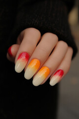 Vibrant Color Transition: Oval-shaped nails featuring a striking gradient from red to orange to cream. Ideal for beauty themes, nail art trends, fall and Halloween.