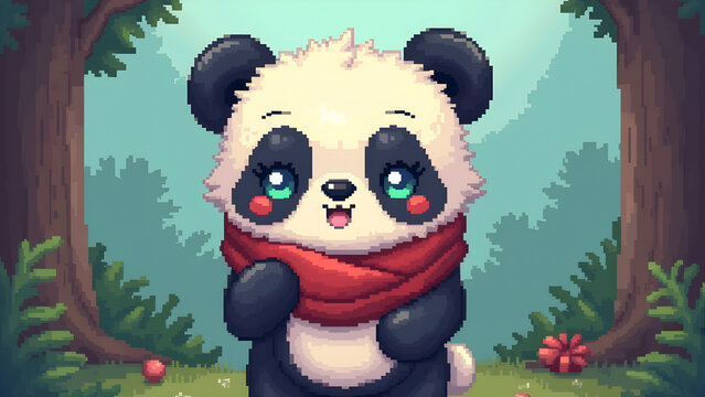 Pixel Art Cute Panda Bear Character Icon with Scarf in a Pixelated Forest Background