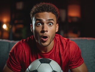 Man passionately screaming while watching football, wearing red jersey