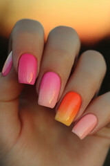 Vibrant gradient manicure: Hands with nails painted in shades of pink and orange, creating an ombré effect reminiscent of a sunset. Ideal for summer themes, beauty, nail art trends and joy.