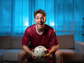 Football enthusiast celebrating during match indoors with red uniform