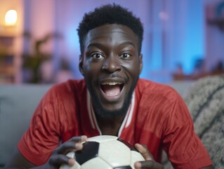 Football enthusiast reacting during match indoors with red uniform
