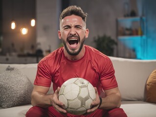Football enthusiast celebrating during match indoors with red uniform