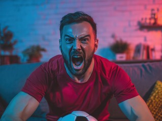 Man passionately shouting while watching football, wearing red jersey