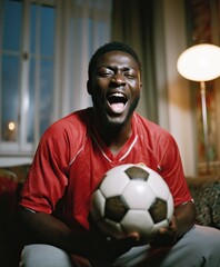 Soccer fan in red jersey celebrating with intense emotion at home