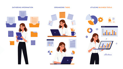 Efficient Businesswoman Vector Illustrations of Data Analysis, Organization, and Project Management