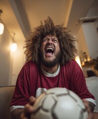 Football enthusiast celebrating during match indoors with red uniform