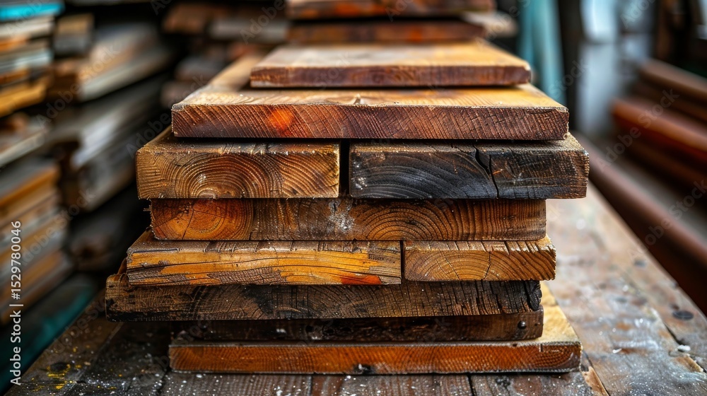 Poster an inviting view of neatly stacked wooden planks in a rustic workshop environment, celebrating craft