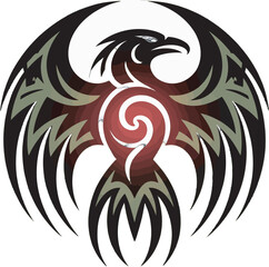 Stylized Black Eagle with Red and Olive Green Tribal Design