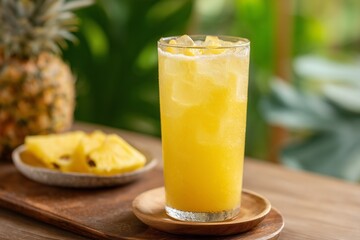 Fresh Pineapple Juice in Clear Glass with Rustic Styling and Tropical Light
