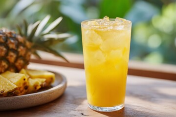 Fresh Pineapple Juice in Clear Glass with Rustic Styling and Tropical Light