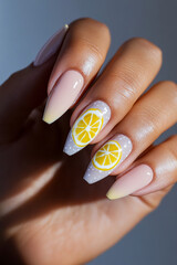 Fun and refreshing manicure: Hand with pastel-colored nails and two of them adorned with vibrant lemon slice designs. Ideal for summer themes, freshness, creativity and fun beauty.