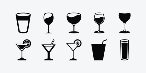Black Drinkware Icons Collection on White Background