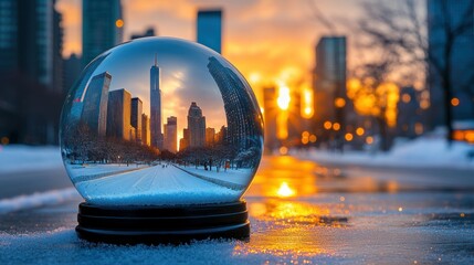 Crystal ball captures winter city skyline at sunset