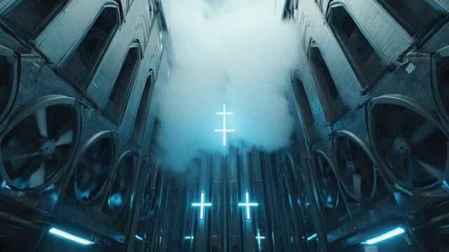 A tight close-up of server fans slowly spinning beneath angular, gothic heat sink towers. dark interior punctuated cold blue LED lighting forms cross shapes shadows. Steam or mist rises subtly