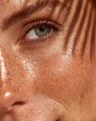 Close Up of Woman's Freckled Face with Sunlight and Palm Shadow