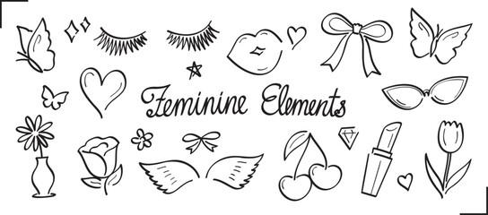 cute fashionable women things line graphic element vector set in hand drawn style 