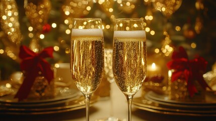 Sparkling Champagne flutes, festive holiday setting