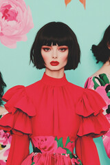Vibrant Elegance in Red: Woman with modern haircut and expressive makeup posing in front of a floral background, ideal for fashion, beauty, design and style themes.