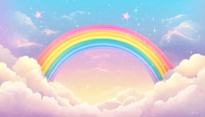 Holographic Fantasy Rainbow Background with Clouds and Stars